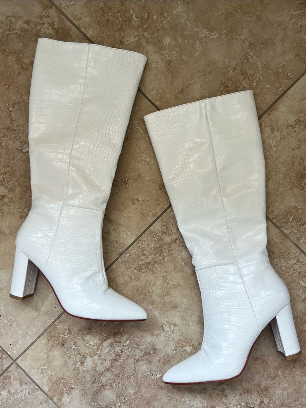 White Croc-Embossed Knee Boots